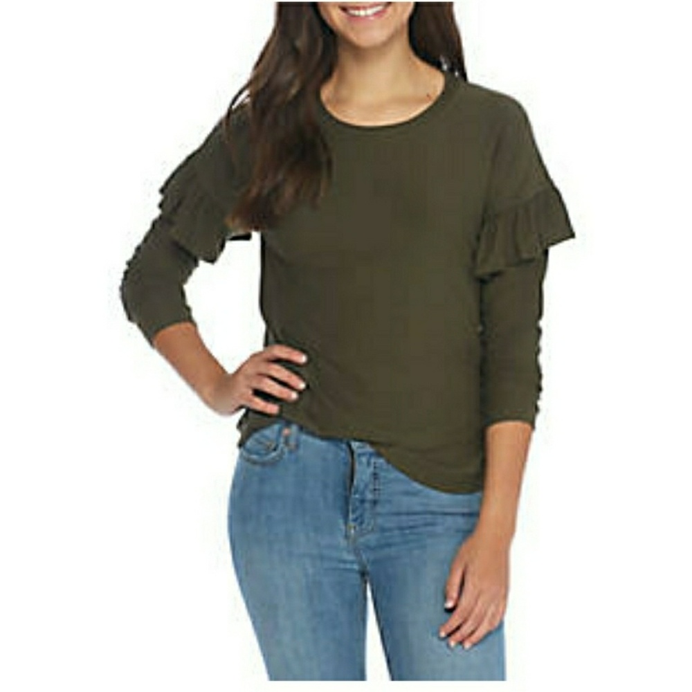 Olive Green Colored Ruffle Sleeve Shirt